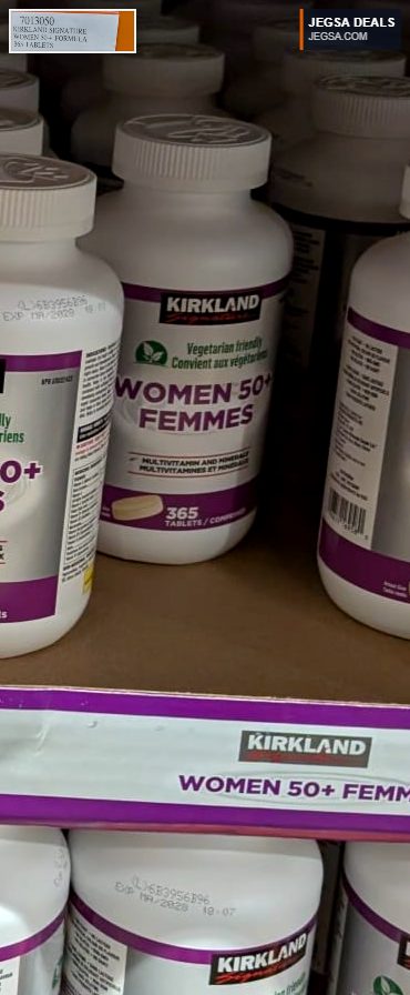 Kirkland Signature Women 50+ Formula 365 tablets multivitamins, vegetarian friendly, from Costco for $16.99.