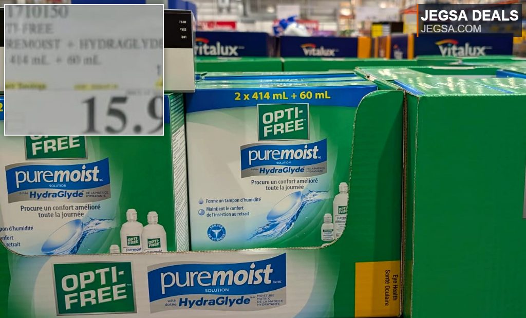 OPTI-FREE Puremoist HydraGlyde contact lens solution, a 2-pack of 414ml with 60ml bottles, purchased from Costco for $15.99.