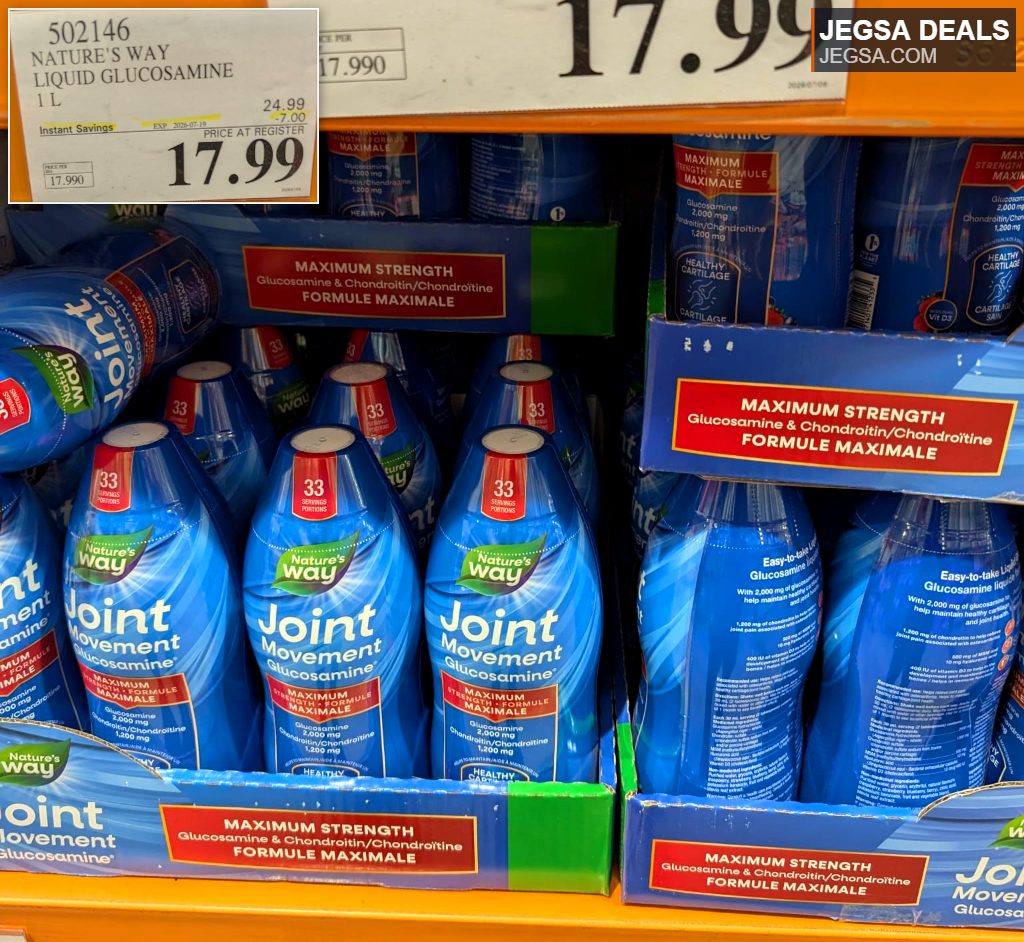 Nature's Way Liquid Joint Movement Glucosamine 1L bottle from Costco for $17.99, supports healthy cartilage and joint mobility.