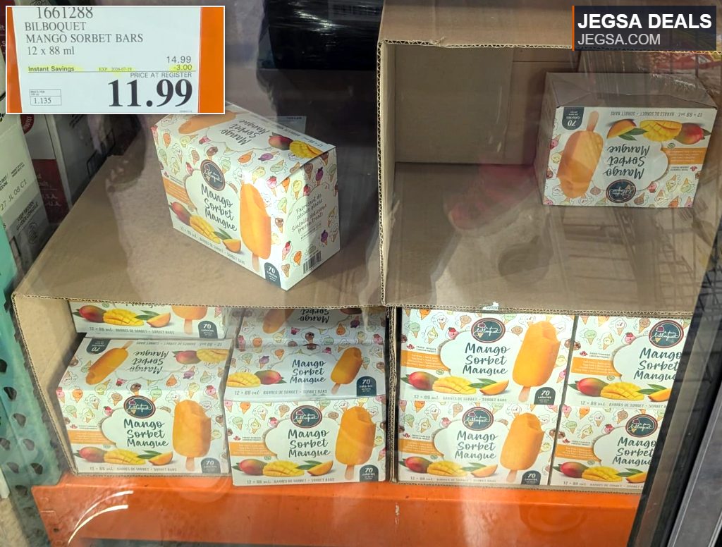 Bilboquet Mango Sorbet Bars 12x88ml from Costco, a refreshing frozen dessert, priced at $11.99.