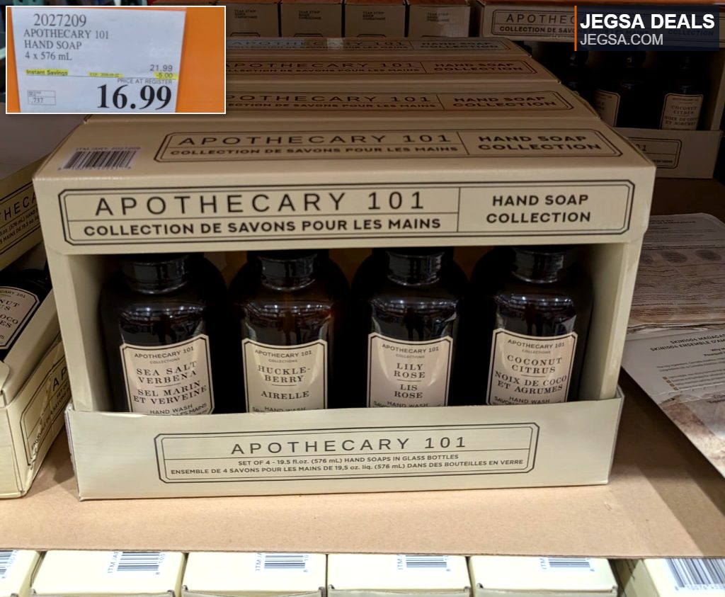 Apothecary 101 Hand Soap Collection, a set of 4 different scented hand washes in glass bottles, priced at $16.99 from Costco.