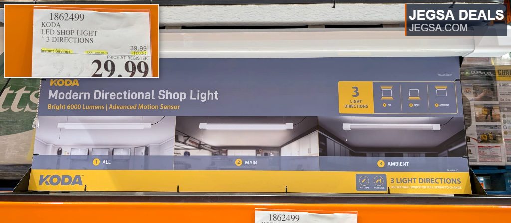 KODA LED shop light with 6000 lumens and motion sensor, offering 3 light directions, priced at Costco for $29.99.