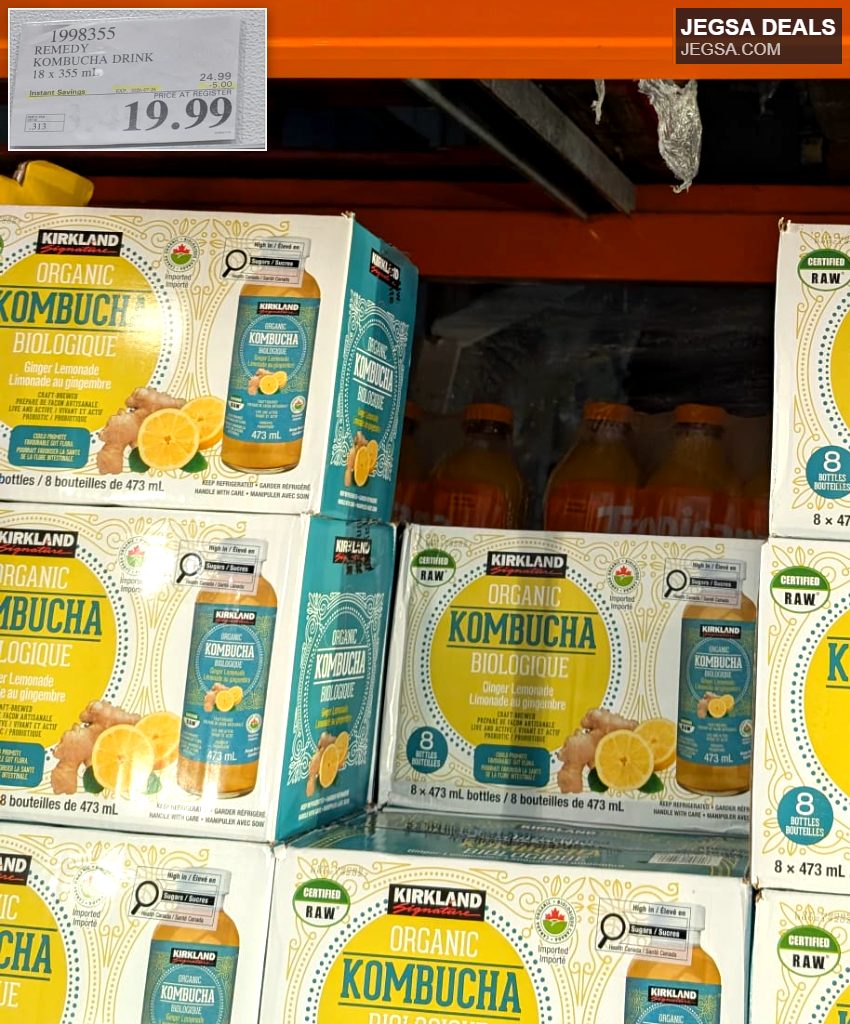 Kirkland Signature Organic Ginger Lemonade Kombucha 8-pack from Costco, a refreshing probiotic drink.