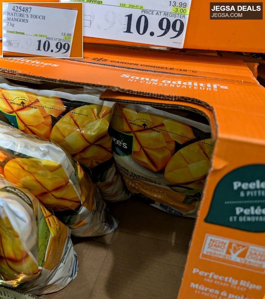 Nature's Touch 2kg frozen mangoes in orange packaging, on sale for $10.99 at Costco.