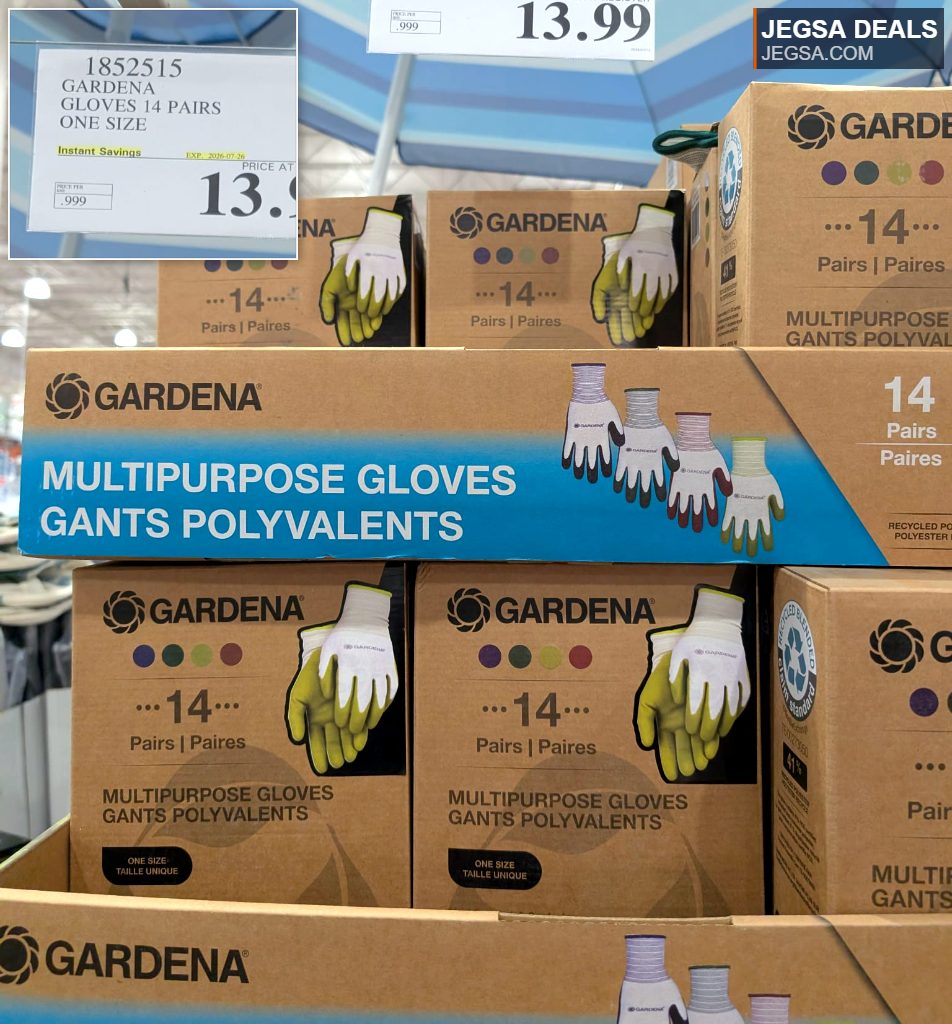 Gardena multipurpose gloves 14-pair pack from Costco, ideal for gardening and household tasks, priced at $13.99.