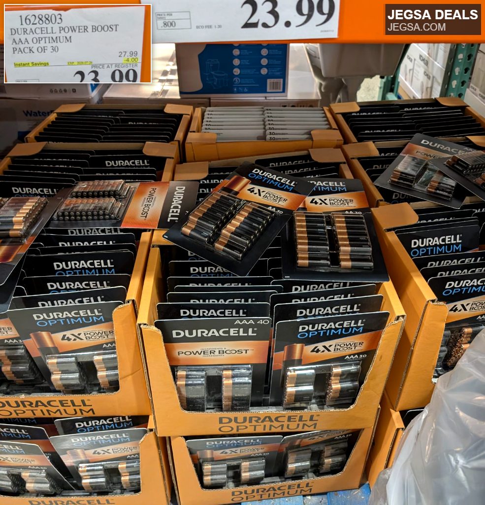 Duracell Power Boost AAA Optimum batteries, 30-pack, providing reliable power for household electronics, from Costco.