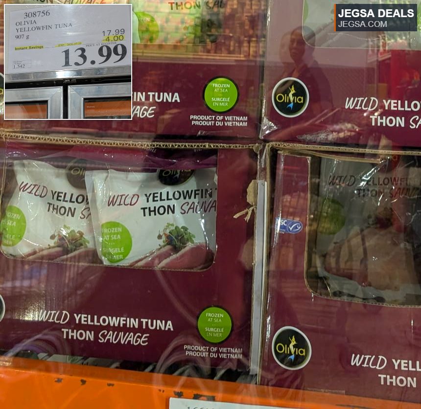 Olivia Wild Yellowfin Tuna (907g) at Costco, on sale for $13.99, a frozen seafood product from Vietnam.