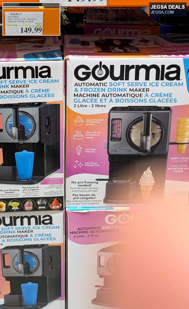 Gourmia Automatic Soft Serve Ice Cream & Frozen Drink Maker from Costco, $149.99, featuring a topping dispenser and multiple presets.