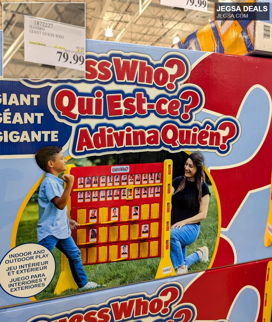 Giant Guess Who board game by Hasbro, ideal for indoor and outdoor family fun, available at Costco for $79.99.