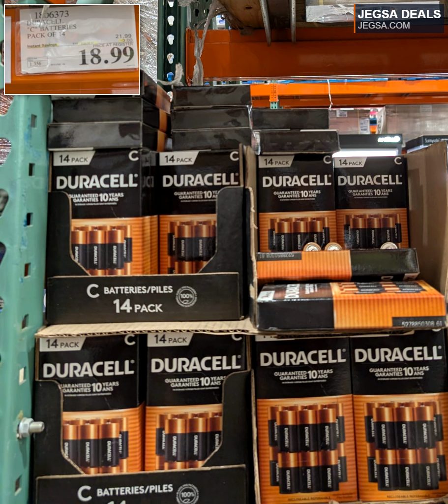 Duracell C batteries 14-pack from Costco, offering 10 years guaranteed power for $18.99.