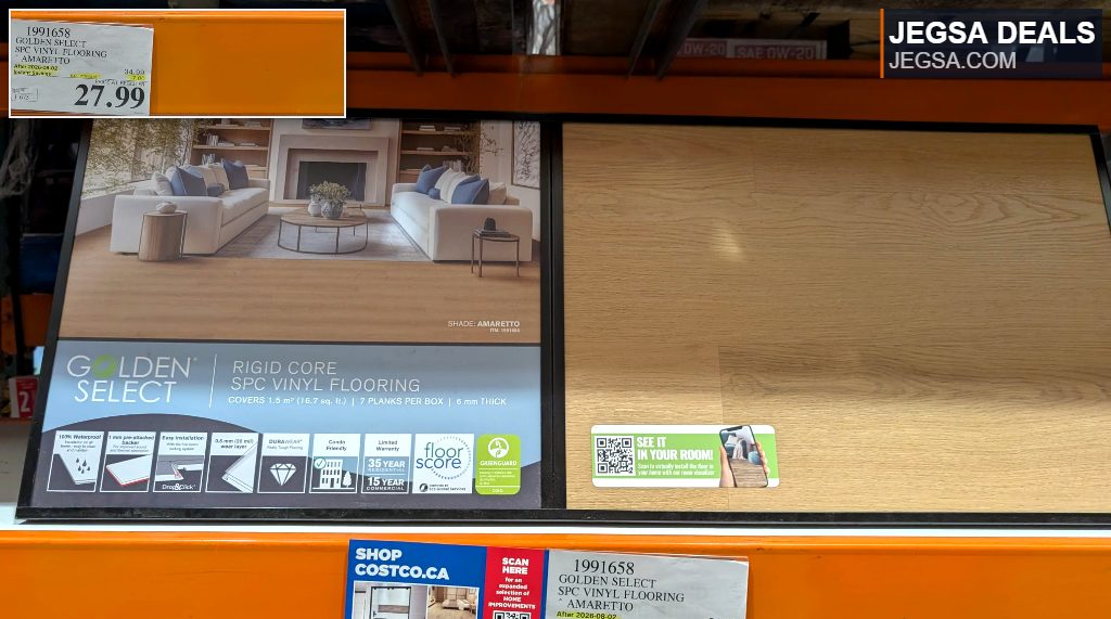 Golden Select Rigid Core SPC Vinyl Flooring in Amaretto shade, offering a durable, waterproof, and easy-to-install flooring solution from Costco.