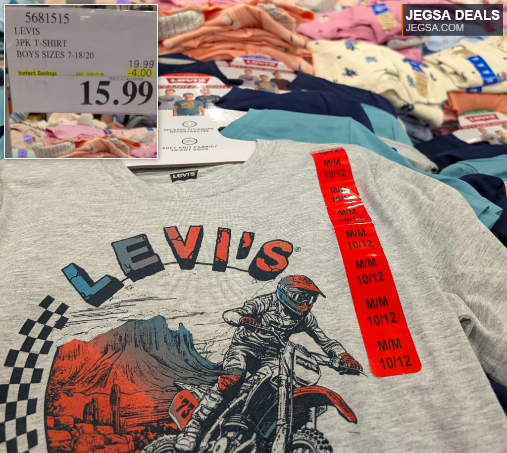 Levi's 3-pack boys' long-sleeve t-shirts, including a grey shirt with a motocross graphic, available at Costco for $15.99.