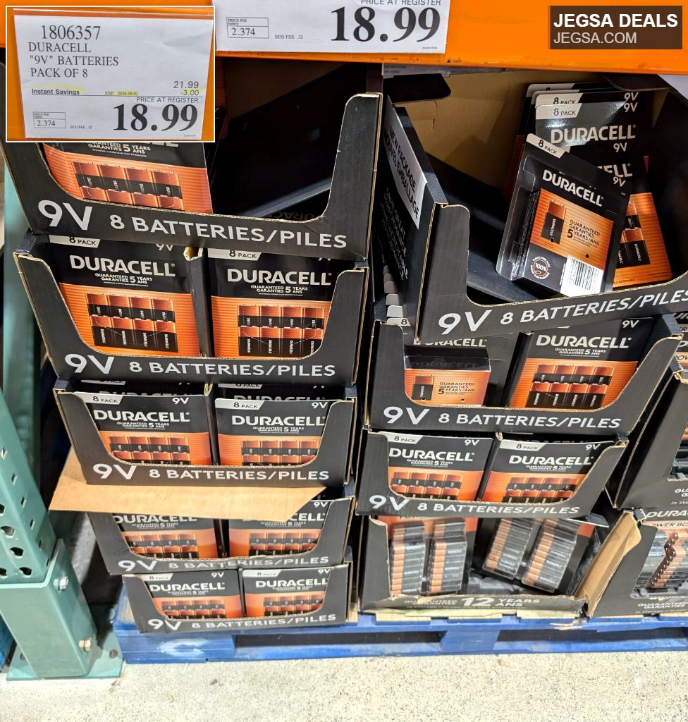 Duracell 9V 8-pack batteries from Costco for $18.99, featuring a 5-year guarantee for reliable power.