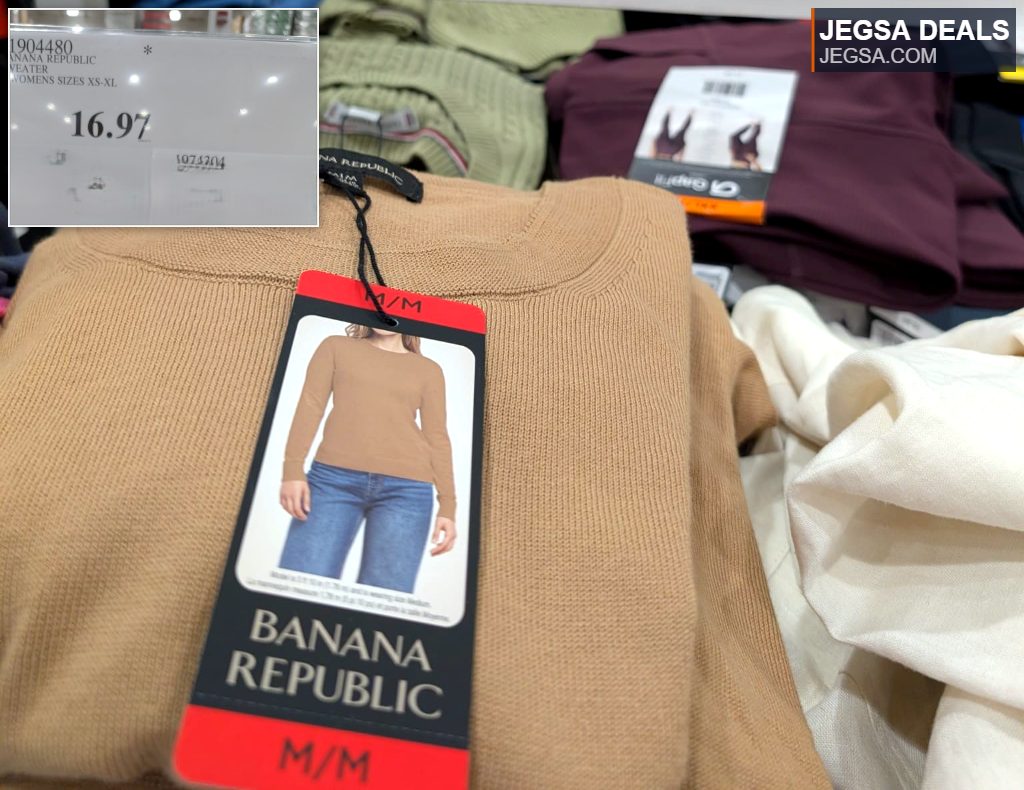 Tan ribbed Banana Republic sweater in women's sizes XS-XL, available at Costco for $16.97.