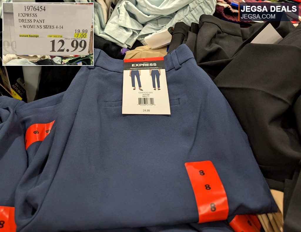 Blue Express women's dress pants on sale at Costco for $12.99, available in various sizes from 4-14.
