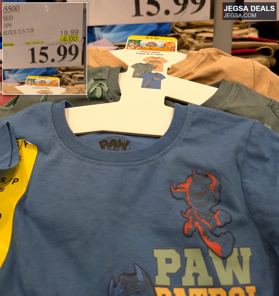 Blue, green, and tan Paw Patrol licensed 3-pack t-shirts for kids from Costco, priced at $15.99 with instant savings.