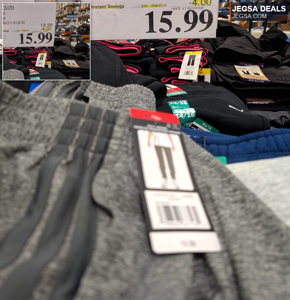 Adidas boys' joggers in grey and black, available in sizes 8-18, perfect for casual or active wear at Costco for $15.99.