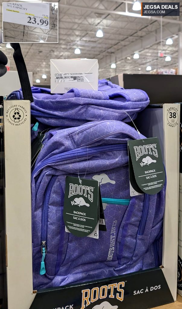 Purple Roots backpack with 38L capacity, made from recycled fabrics, available at Costco for $23.99.
