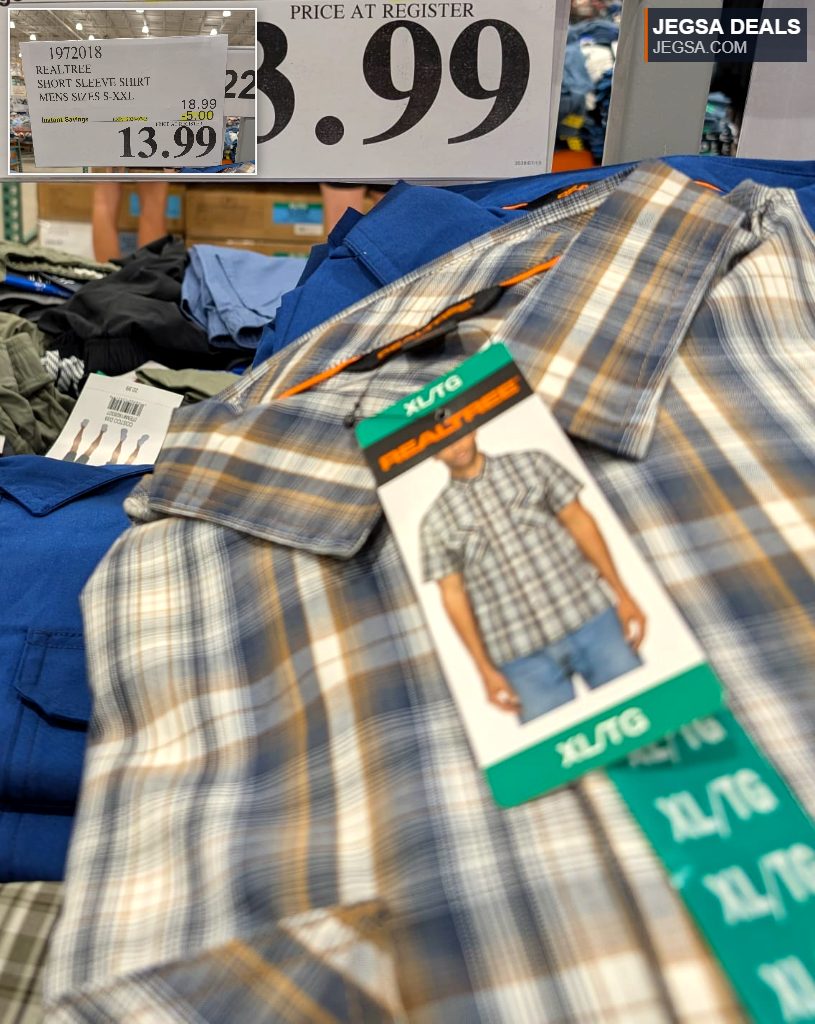 Realtree men's short sleeve plaid shirt with a blue collar, suitable for casual wear, found at Costco for $13.99.