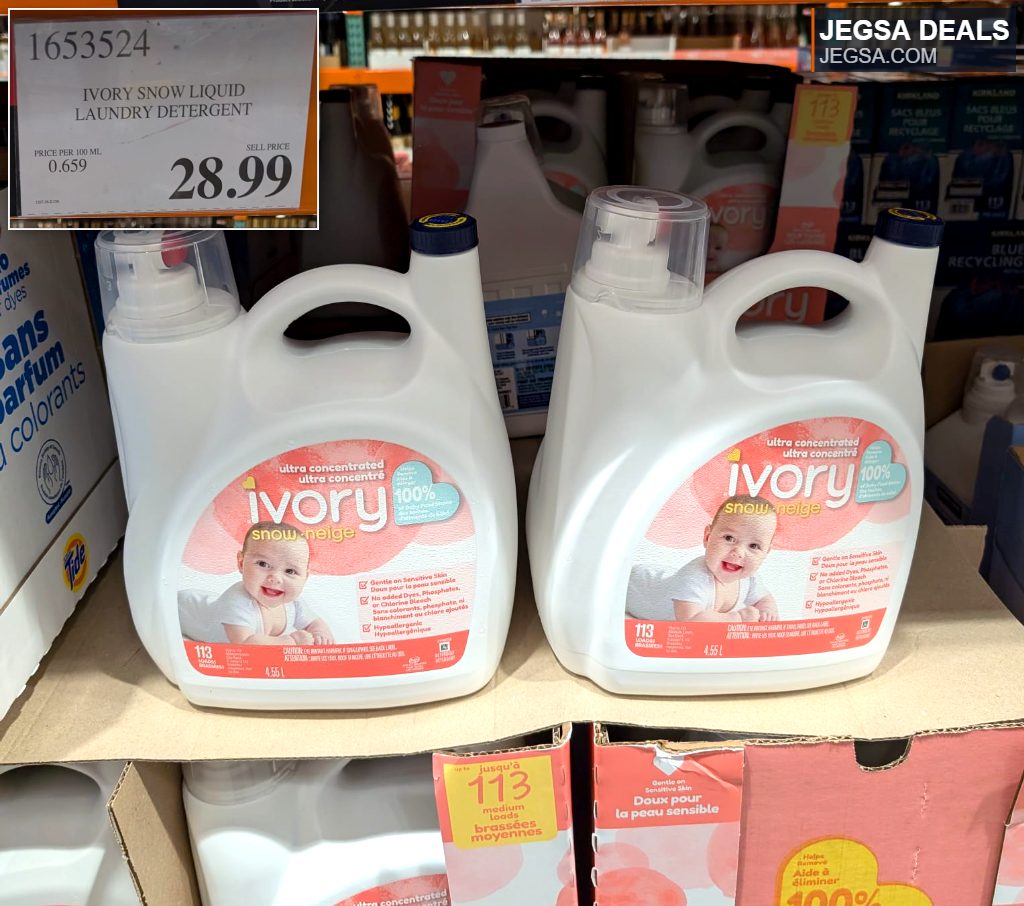 Two large jugs of ultra-concentrated Ivory Snow liquid laundry detergent for sensitive skin, available at Costco for $28.99.