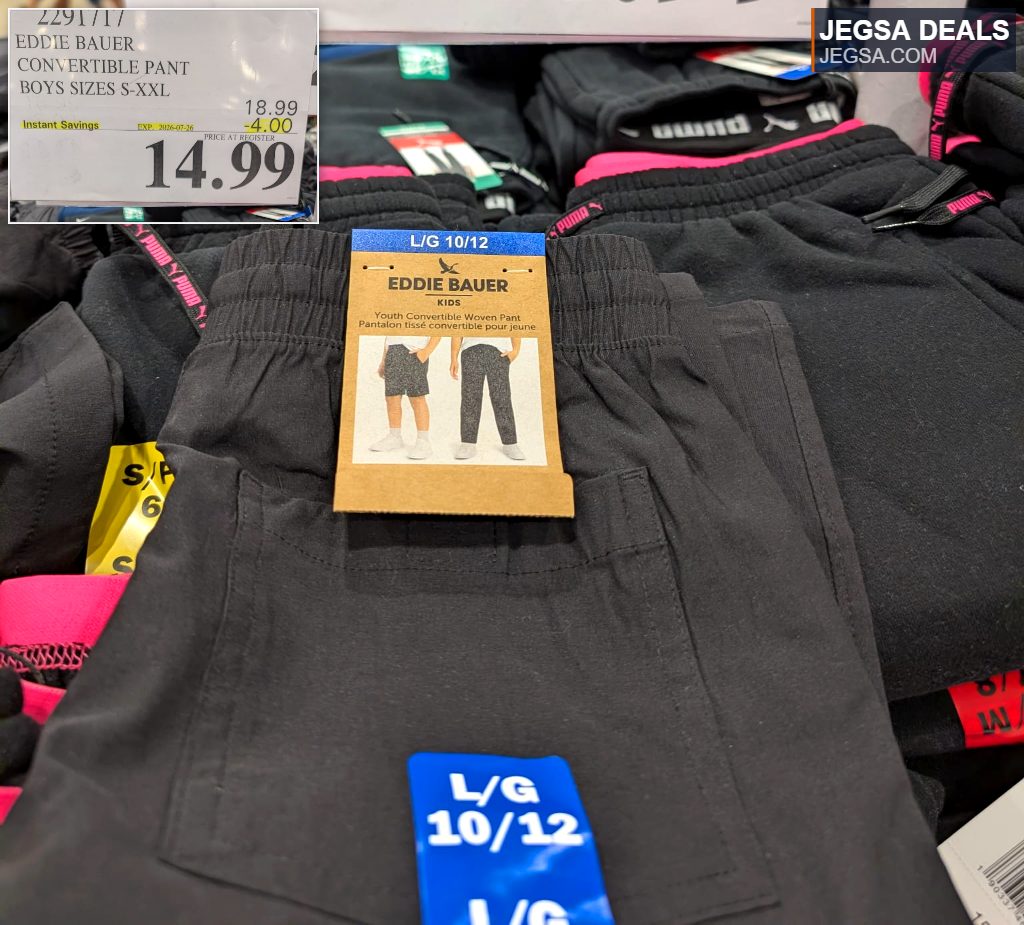 Black Eddie Bauer youth convertible woven pants for boys, size L/G 10/12, available at Costco for $14.99.