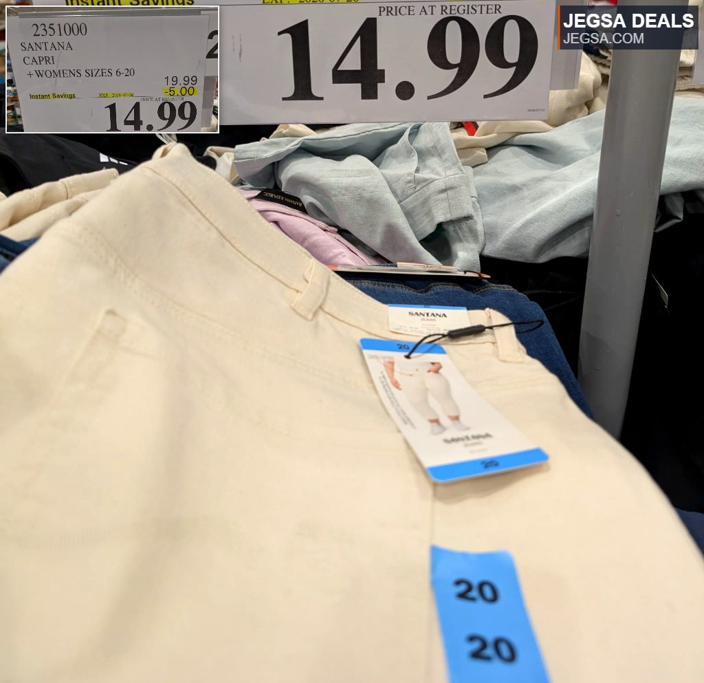 Santana cream-colored women's Capri pants from Costco in sizes 6-20, currently on sale for $14.99.