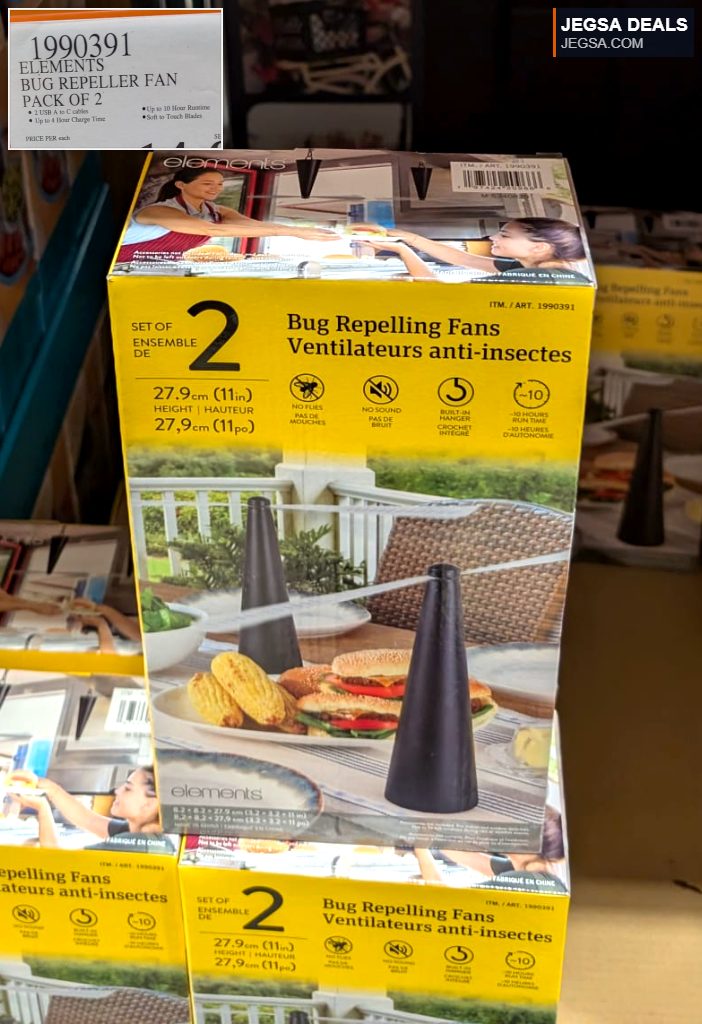 Elements black conical bug repeller fan pack of 2 for outdoor use, priced at $14.97 at Costco.