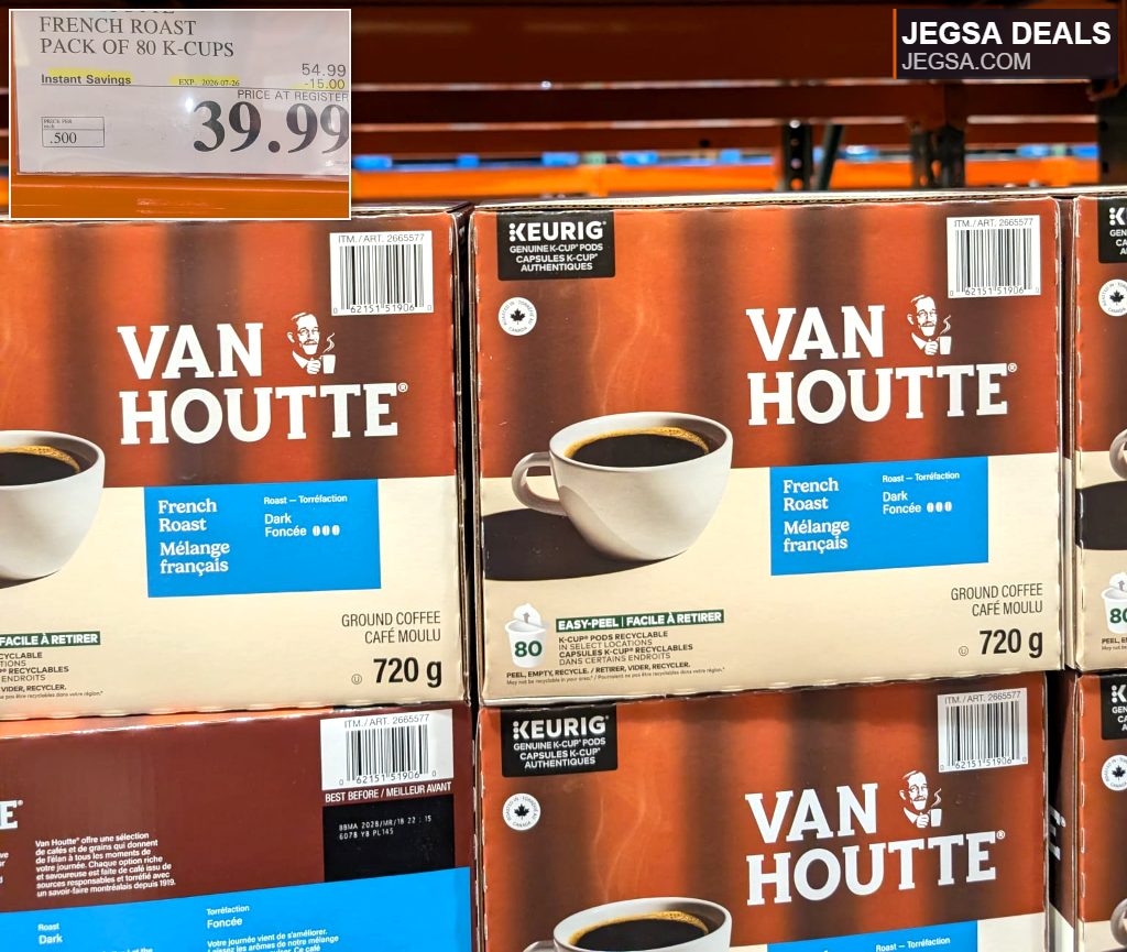 Van Houtte French Roast Keurig K-Cups, 80-pack, dark roast coffee from Costco, priced at $39.99.
