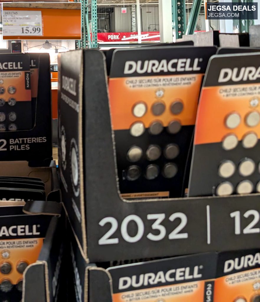 Duracell 2032 lithium coin battery 12-pack from Costco, priced at $15.99, for electronic devices and gadgets.