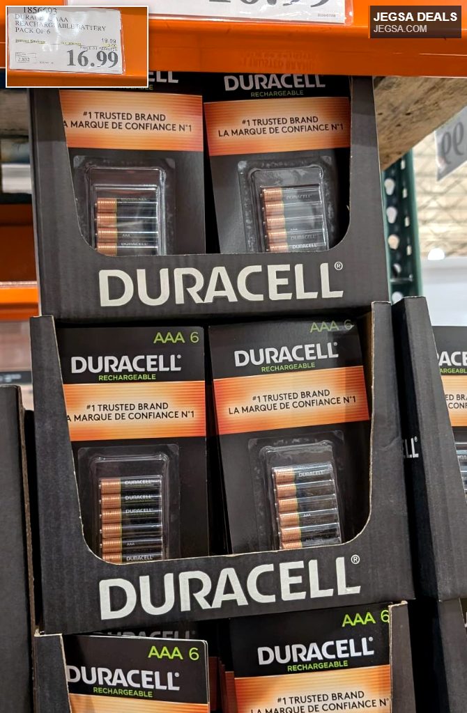 Duracell AAA rechargeable batteries in a 6-pack with black and copper packaging from Costco, priced at $16.99.