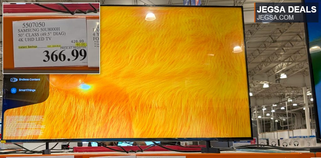 Samsung 50-inch 4K UHD LED TV, model 50U8000H, with a sleek black frame, on display at Costco for $366.99.