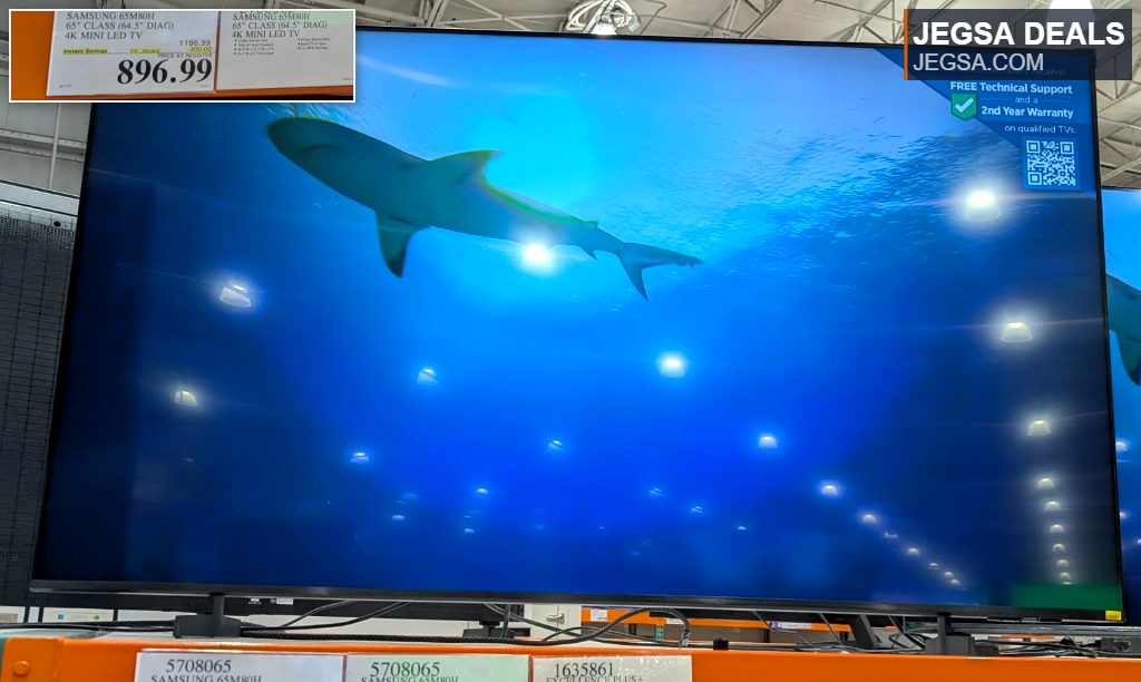 Black Samsung 65-inch 4K Mini LED TV from Costco, priced at $896.99, for premium home entertainment.