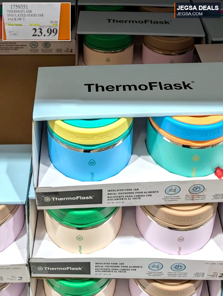 ThermoFlask insulated food jars, a pack of 2 in assorted colors, perfect for keeping food hot or cold from Costco for $23.99.