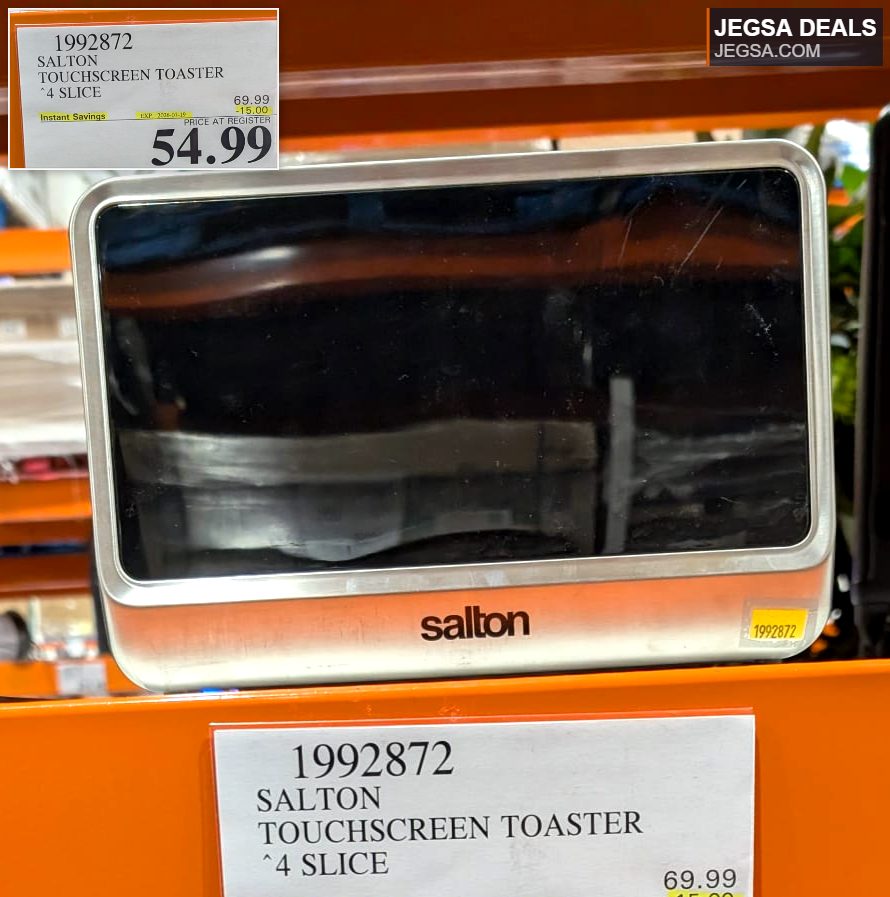 Silver and black Salton touchscreen 4-slice toaster with digital controls, on display at Costco for $54.99.