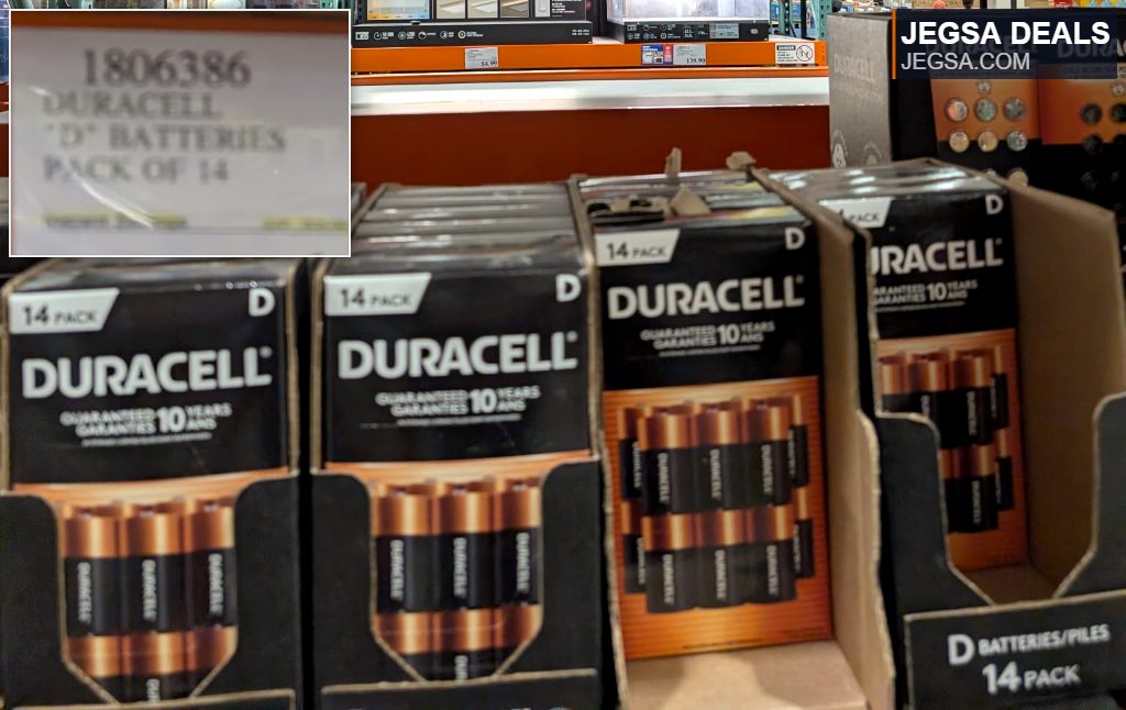 Duracell D batteries in a 14-pack from Costco, ideal for high-drain devices, priced at $18.99.