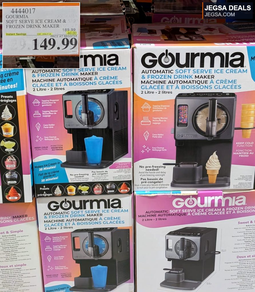 Gourmia automatic soft serve ice cream and frozen drink maker in silver and black, making desserts in 30 minutes from Costco.