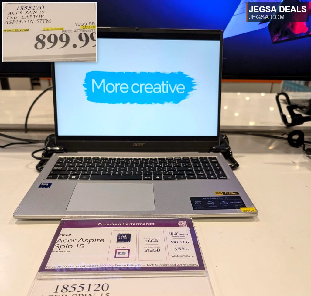 Silver Acer Aspire Spin 15 15.6" touchscreen laptop with Intel Core Ultra 5 processor, 16GB RAM, and 512GB SSD, available at Costco for $899.99.