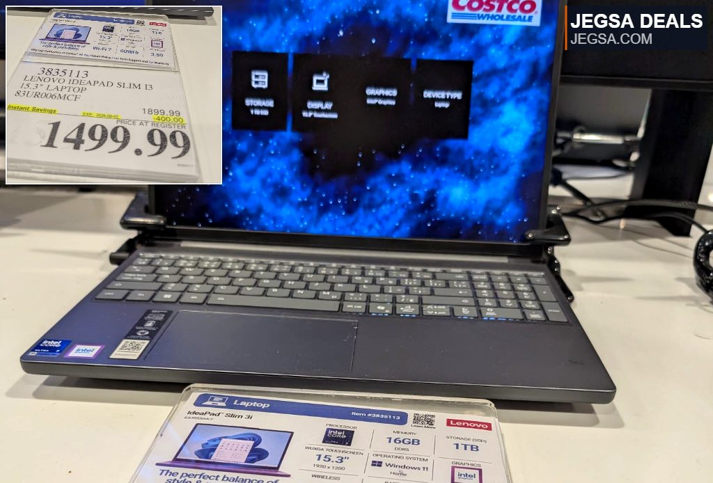 Lenovo IdeaPad Slim i3 15.3" laptop in dark grey with Intel Core Ultra inside, available at Costco for $1499.99.