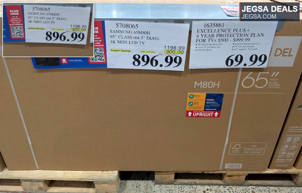 Samsung 65-inch 4K Mini LED TV, model 65M80H, priced at $896.99 from Costco. Ideal for home entertainment.
