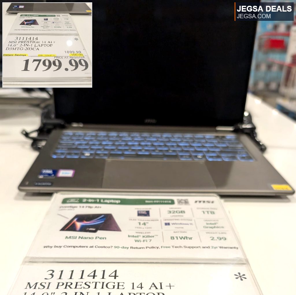 MSI Prestige 14 AI+ 14-inch 2-in-1 laptop with MSI Nano Pen, 32GB RAM, 1TB storage, Intel Graphics, available at Costco for $1799.99.