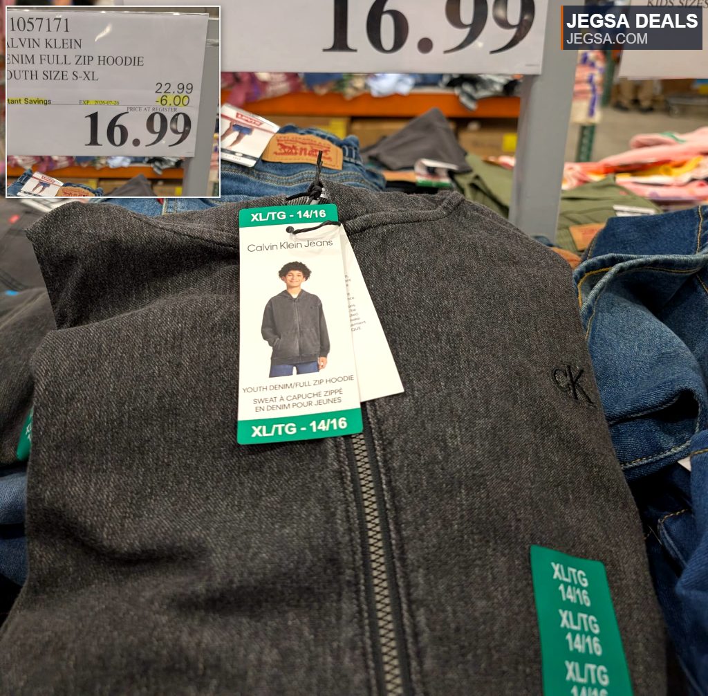 Youth Calvin Klein charcoal denim full zip hoodie from Costco, on sale for $16.99.