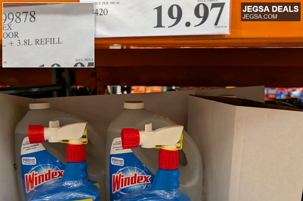 Windex Outdoor glass cleaner, 950 mL spray with 3.8L refill, for powerful outdoor cleaning from Costco, priced at $19.97.
