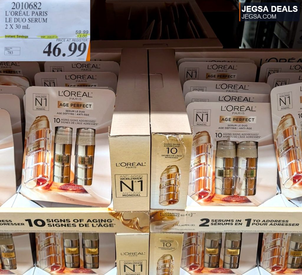 L'Oréal Paris Le Duo Age Perfect serum, 2x30mL, targets 10 signs of aging. Available at Costco for $46.99.
