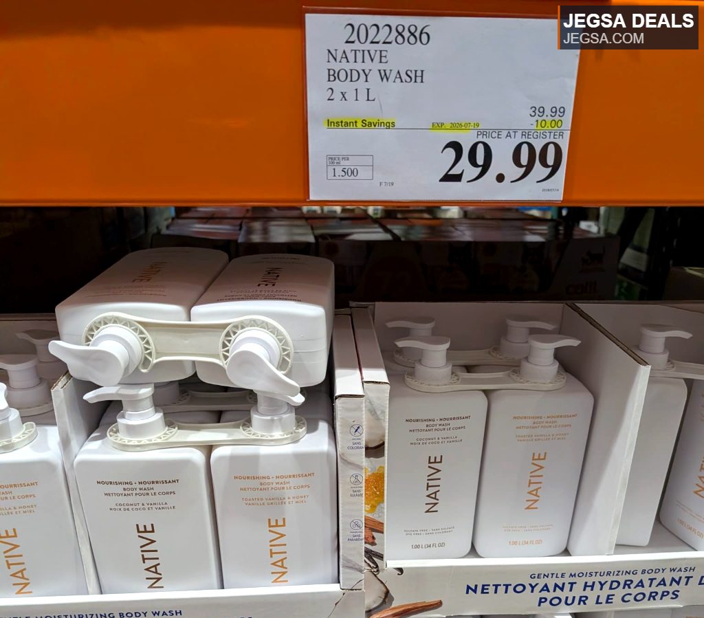 Native Body Wash 2-pack (Coconut & Vanilla, Toasted Vanilla & Honey) 2x1L from Costco, priced at $29.99.