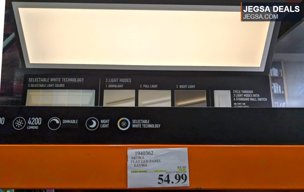 Artika Flat LED Panel Rayma, a dimmable LED light fixture with selectable white technology and multiple light modes from Costco, priced at $54.99.