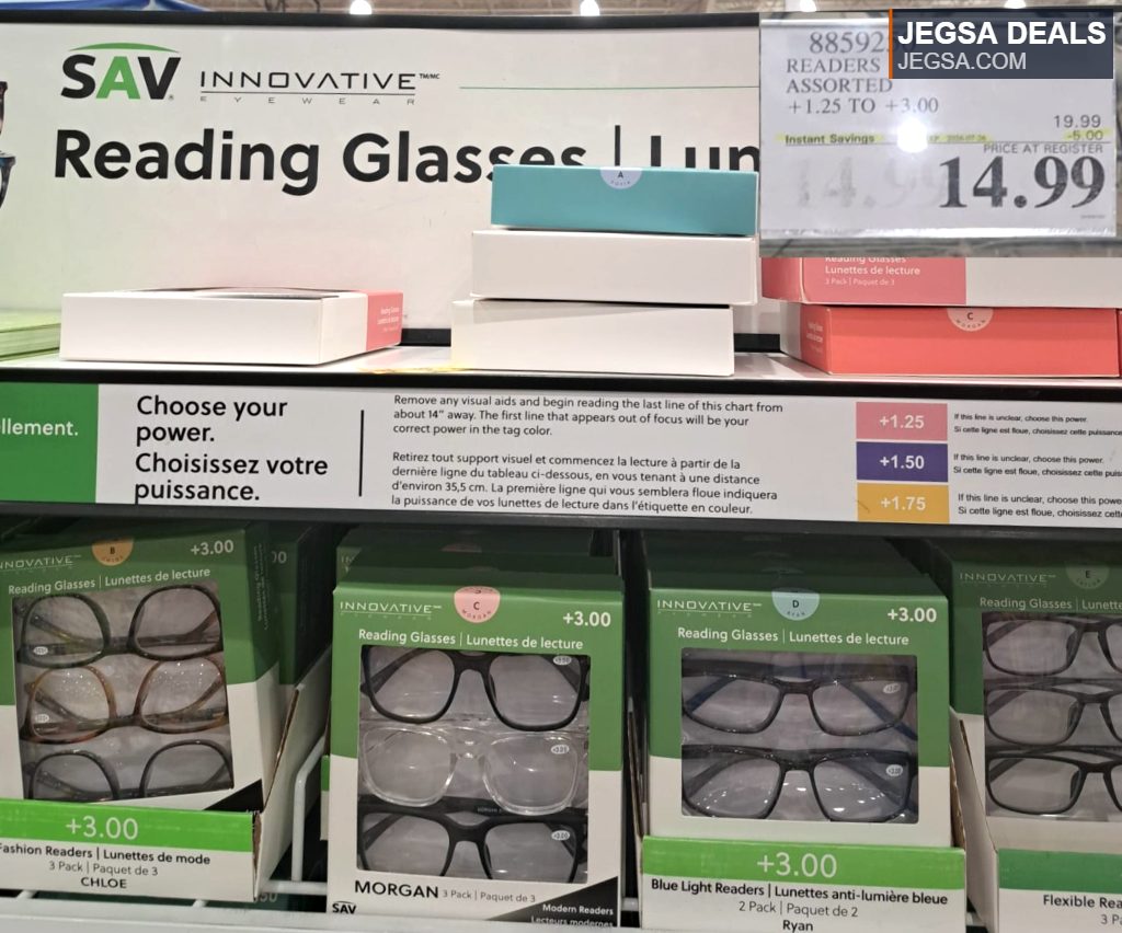 SAV Innovative Reading Glasses in assorted styles and strengths on display at Costco for $14.99, offering clear vision solutions.