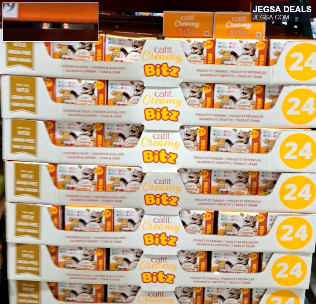 Costco Catit Creamy Bitz assorted cat treats, grain-free, 24 count, featuring various flavors for cats.
