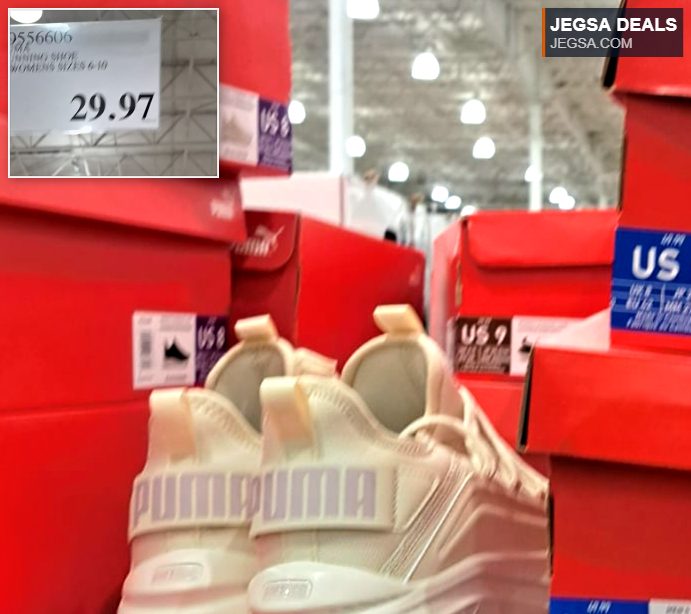 Puma women's running shoes in a light cream color, available in women's sizes 6-10, priced at $29.97 at Costco.