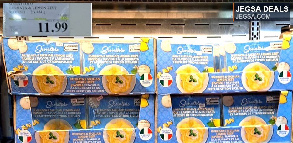 Scolattolo Burrata & Sicilian Lemon Zest Ravioli pasta from Costco for $11.99, featuring a fresh and citrusy flavor.