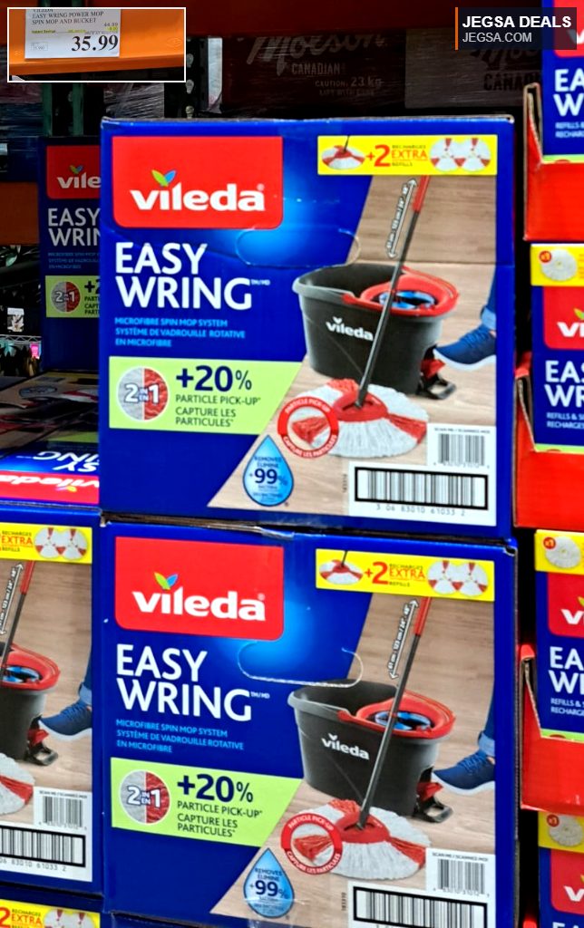Vileda Easy Wring Power Mop Spin Mop and Bucket system from Costco for effective floor cleaning, priced at $35.99.